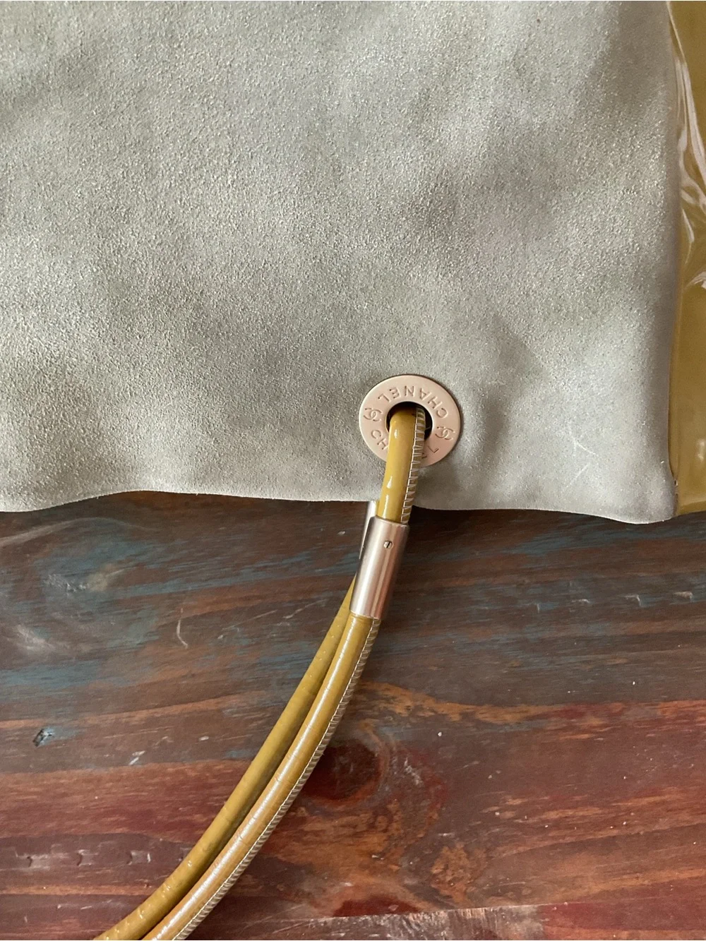 CHANEL Beige Suede Tote with Mustard Patent Trim and Camellia